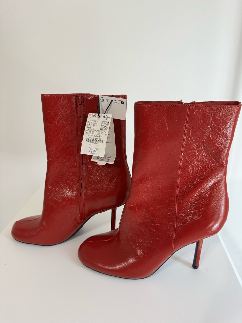 Zara Red Leather Ankle Boots with Stiletto Heel